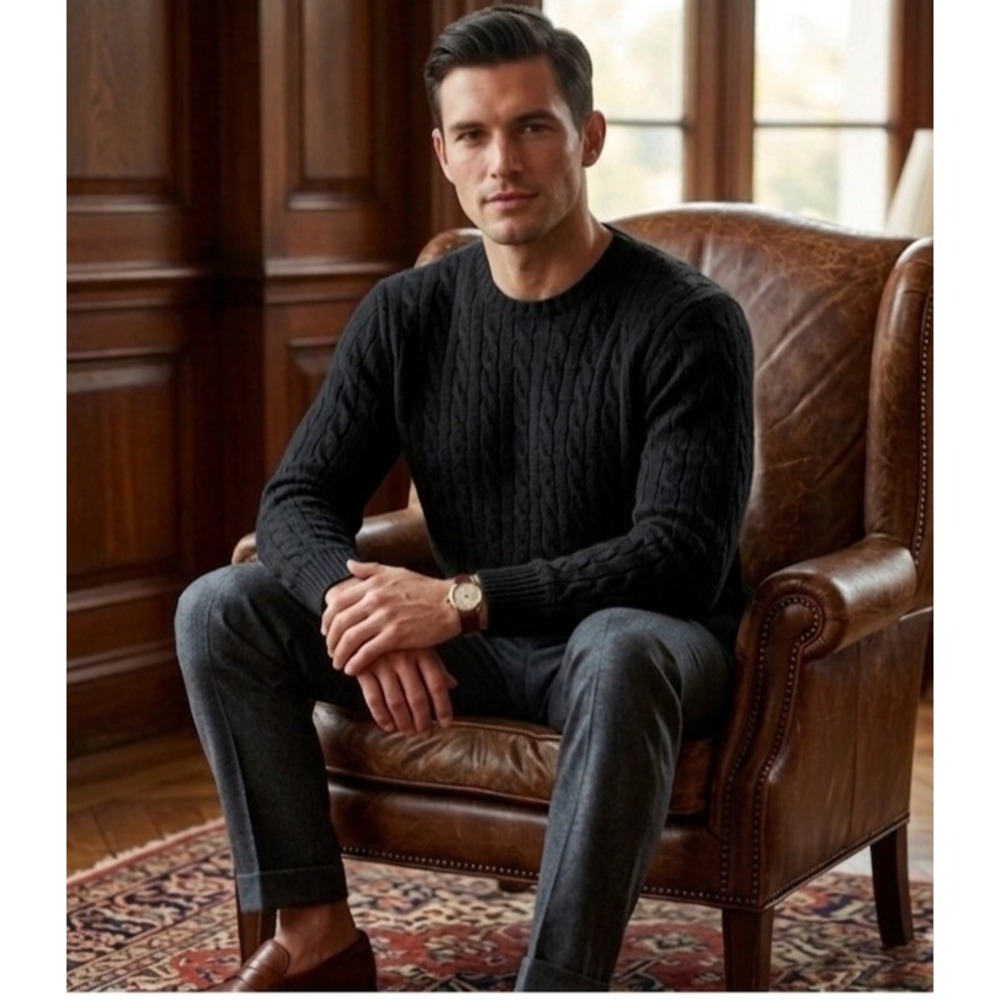 VTG Polo Ralph Lauren 100% Cashmere Sweater Mens L Black Cable Knit CrewNeck